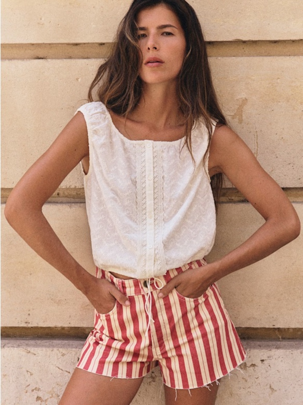 Sezane Alcyone White Lace-Front Sleeveless Camisole